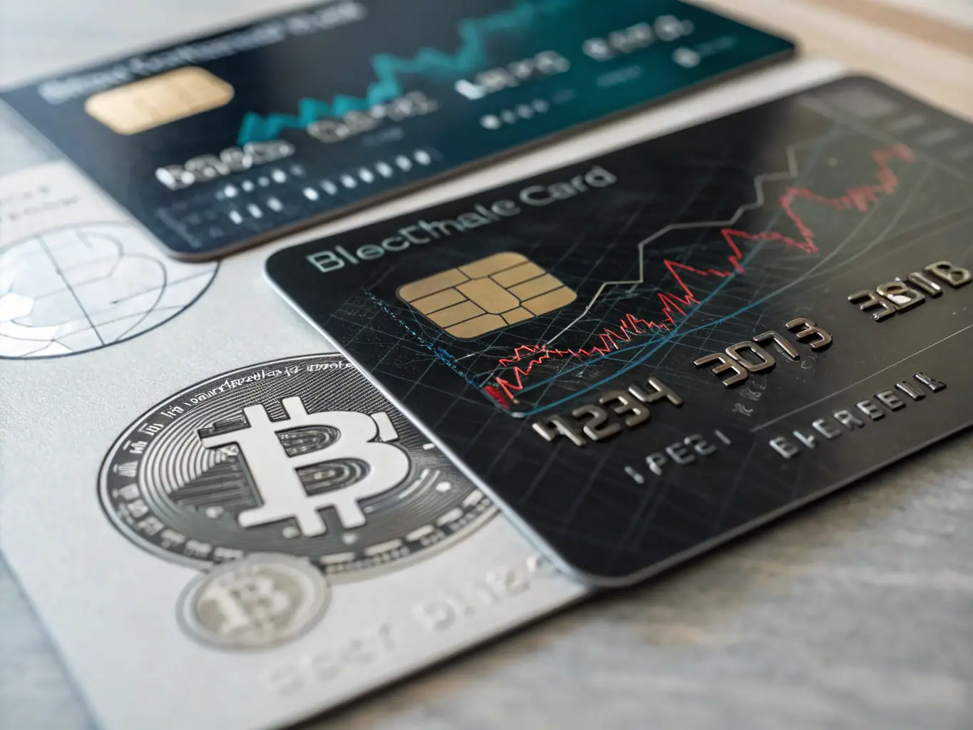 An image of a debit card with blockchain symbols and AI interface overlays, representing the utilities of debit cards and AI tools provided by Dcom.