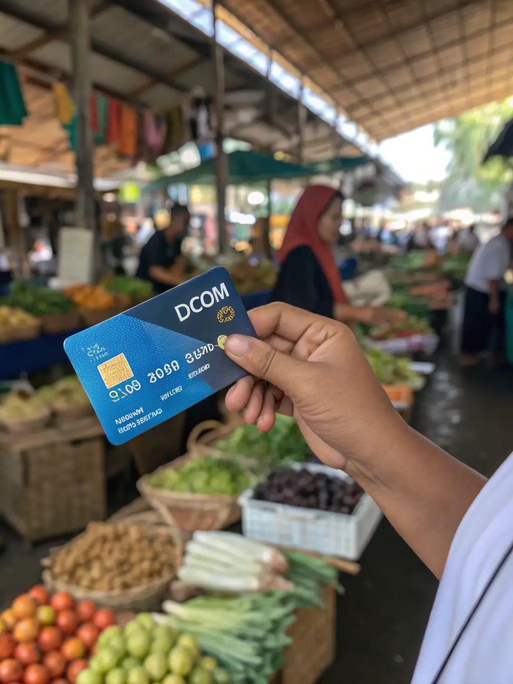 A person using a Dcom debit card to make a purchase at a local Indonesian market, showcasing the card's usability in everyday transactions.