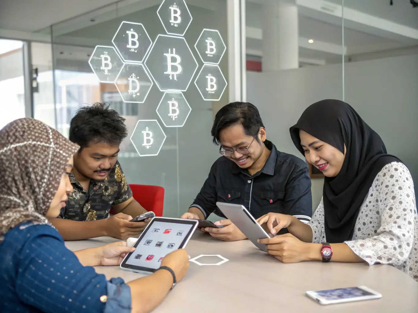 An illustration of community members voting on a digital platform with blockchain icons representing transparency and security, symbolizing decentralized community governance.