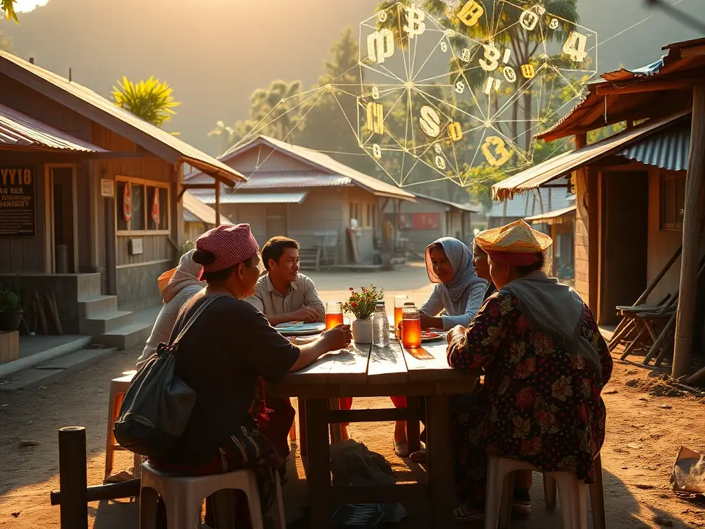 A vibrant Indonesian village scene with people actively participating in a community meeting, showcasing the spirit of 'koperasi'. Overlay a subtle blockchain graphic to symbolize the integration of technology with traditional values.