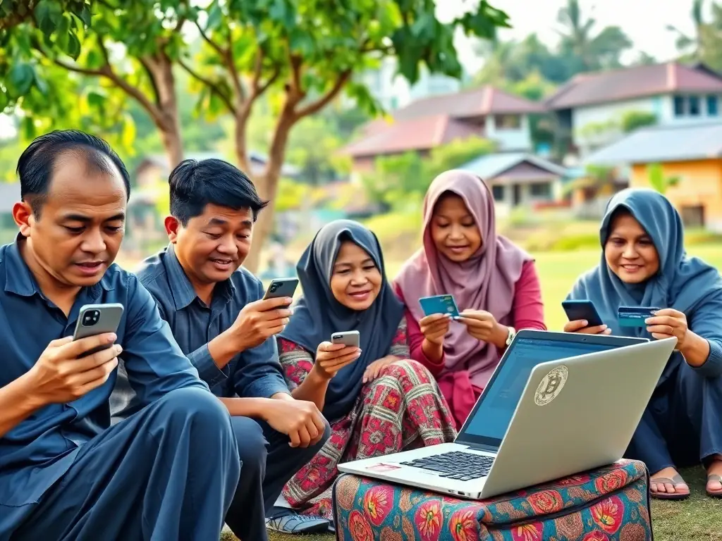 A diverse group of Indonesian community members using Dcom's debit cards and AI tools in their daily lives, showcasing the practical applications of blockchain technology. The scene should convey a sense of empowerment and inclusion.